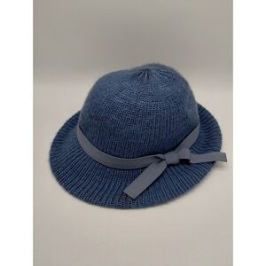Vintage Marshall Fields Women's Knit Blue Gray Hat Ribbon Trim